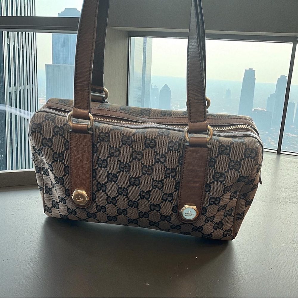 Gucci GG Canvas Leather Trim Charmy Boston Bag